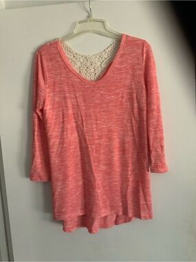 Faded Glory Coral Knit Long Sleeve Top with Cream Lace Yoke